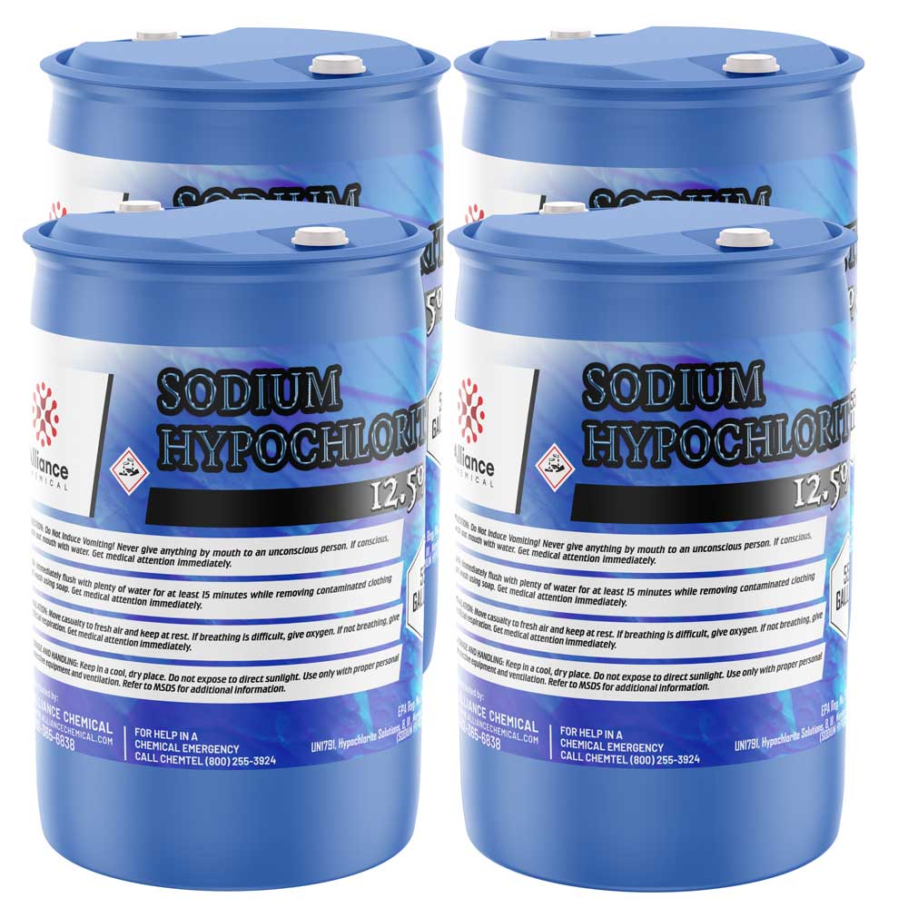 55-gallon blue HDPE drums of 12.5% Sodium Hypochlorite solution with corrosive hazard warning labels, safety instructions, and chemical emergency contact information.